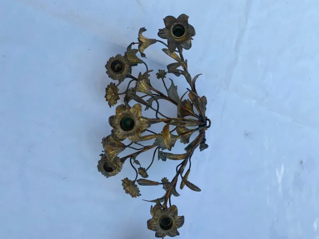 1880′ Paire d’Appliques en Bronze Doré Patiné à Décor Floral 5 Bras de Lumière