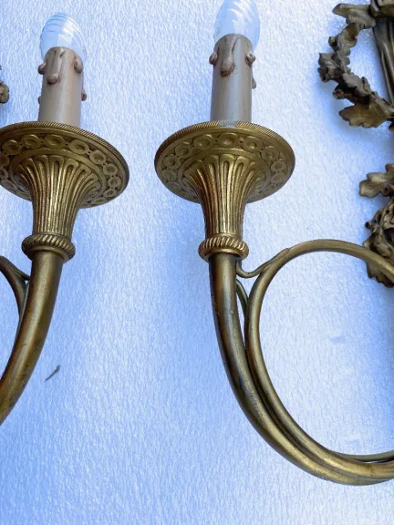 1900′ Pair Of Louis 16 Style Gilt Bronze Sconces With Hunting Horns Signed Jansen