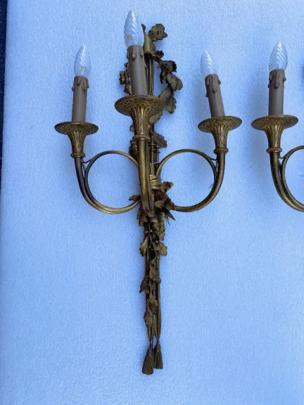 1900′ Pair Of Louis 16 Style Gilt Bronze Sconces With Hunting Horns Signed Jansen