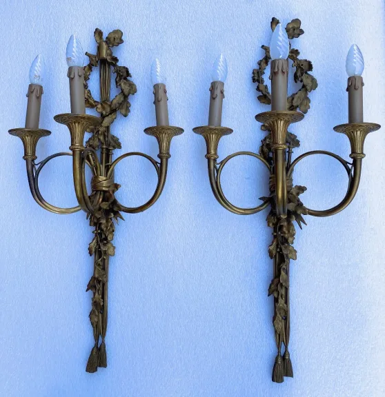 1900′ Pair Of Louis 16 Style Gilt Bronze Sconces With Hunting Horns Signed Jansen