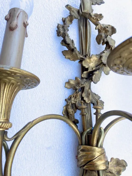 1900′ Pair Of Louis 16 Style Gilt Bronze Sconces With Hunting Horns Signed Jansen