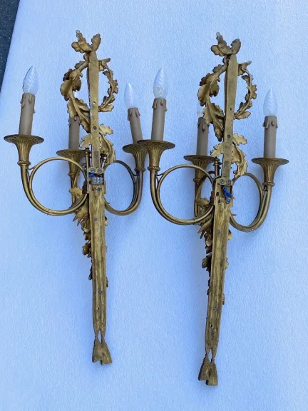 1900′ Pair Of Louis 16 Style Gilt Bronze Sconces With Hunting Horns Signed Jansen