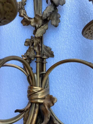 1900′ Paire d’ Appliques Style Louis 16 Bronze Doré Aux Cors De Chasse Signée Jansen