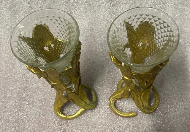 1900′ Paire De Pics Fleurs En Bronze Avec Cornets Cristal Pointe De Diamants