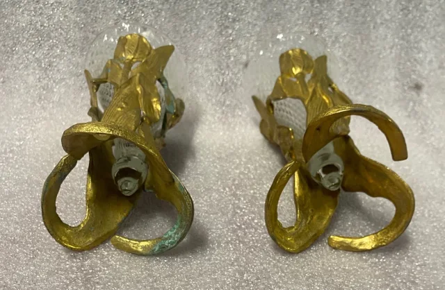 1900′ Paire De Pics Fleurs En Bronze Avec Cornets Cristal Pointe De Diamants