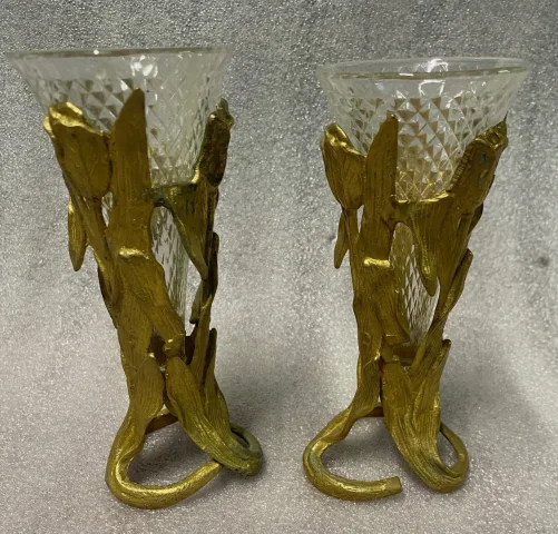 1900′ Paire De Pics Fleurs En Bronze Avec Cornets Cristal Pointe De Diamants
