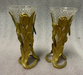 1900′ Pair Of Bronze Flower Picks With Diamond Point Crystal Cones