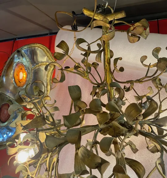 1900′ Art Nouveau Bronze Mistletoe Ball Chandelier with 6 Bulbs