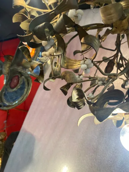 1900′ Art Nouveau Bronze Mistletoe Ball Chandelier with 6 Bulbs