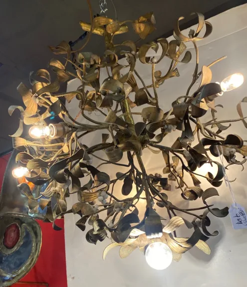 1900′ Art Nouveau Bronze Mistletoe Ball Chandelier with 6 Bulbs