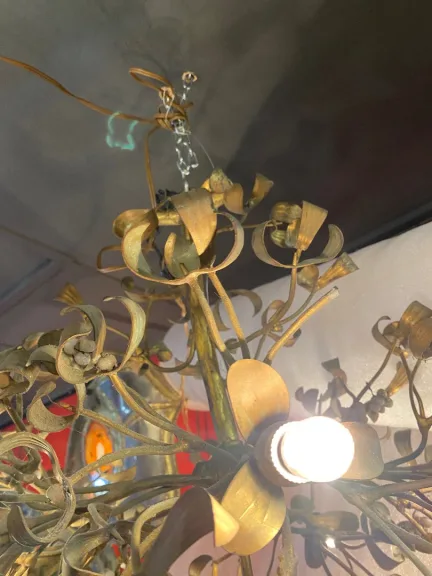 1900′ Art Nouveau Bronze Mistletoe Ball Chandelier with 6 Bulbs