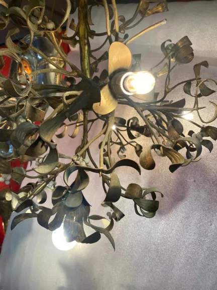 1900′ Art Nouveau Bronze Mistletoe Ball Chandelier with 6 Bulbs