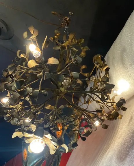 1900′ Art Nouveau Bronze Mistletoe Ball Chandelier with 6 Bulbs