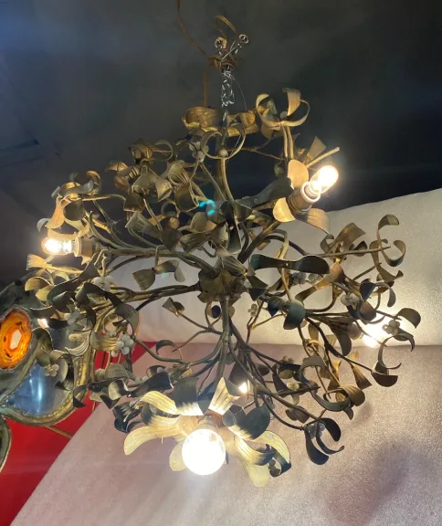 1900′ Art Nouveau Bronze Mistletoe Ball Chandelier with 6 Bulbs