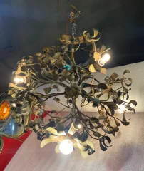 1900′ Art Nouveau Bronze Mistletoe Ball Chandelier with 6 Bulbs