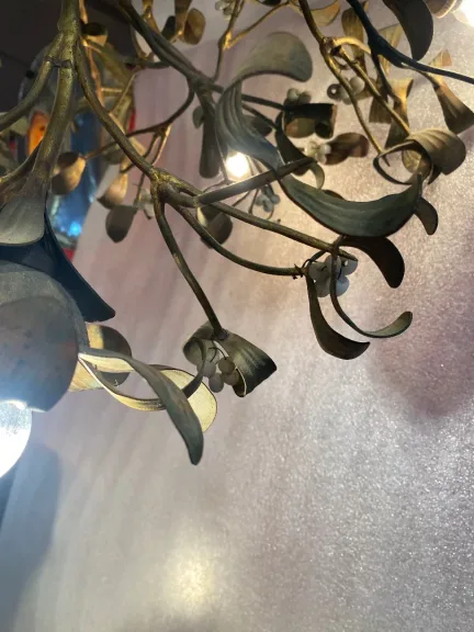 1900′ Art Nouveau Bronze Mistletoe Ball Chandelier with 6 Bulbs