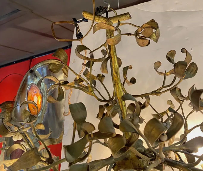 1900′ Art Nouveau Bronze Mistletoe Ball Chandelier with 6 Bulbs