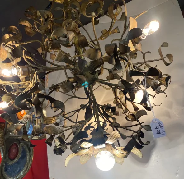1900′ Art Nouveau Bronze Mistletoe Ball Chandelier with 6 Bulbs