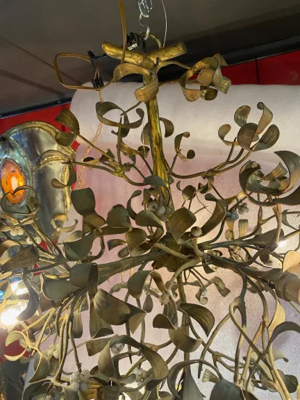 1900′ Art Nouveau Bronze Mistletoe Ball Chandelier with 6 Bulbs