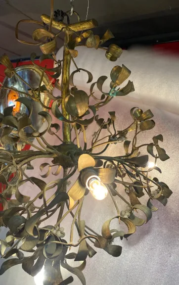 1900′ Art Nouveau Bronze Mistletoe Ball Chandelier with 6 Bulbs