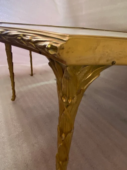 1970′ Tripartite Table Maison Charles Crossbow, Jansen Or Baguès Decor Palm Tree Gilt Bronze With White Marble Tops