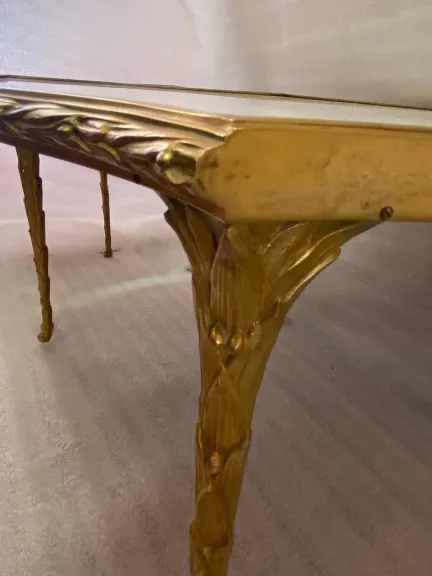 1970′ Tripartite Table Maison Charles Crossbow, Jansen Or Baguès Decor Palm Tree Gilt Bronze With White Marble Tops