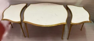 1970′ Tripartite Table Maison Charles Crossbow, Jansen Or Baguès Decor Palm Tree Gilt Bronze With White Marble Tops