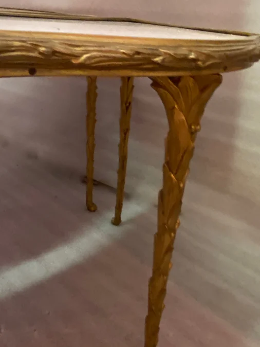 1970′ Tripartite Table Maison Charles Crossbow, Jansen Or Baguès Decor Palm Tree Gilt Bronze With White Marble Tops