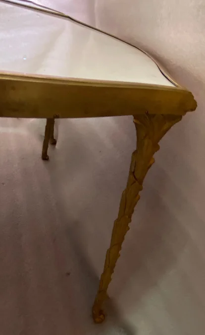 1970′ Tripartite Table Maison Charles Crossbow, Jansen Or Baguès Decor Palm Tree Gilt Bronze With White Marble Tops