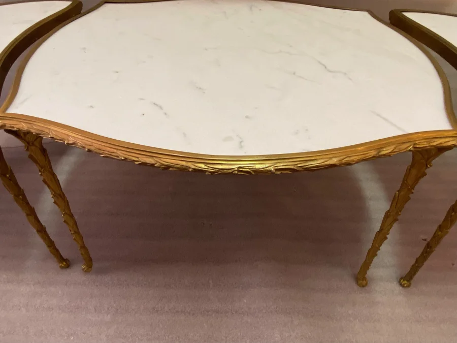 1970′ Tripartite Table Maison Charles Crossbow, Jansen Or Baguès Decor Palm Tree Gilt Bronze With White Marble Tops