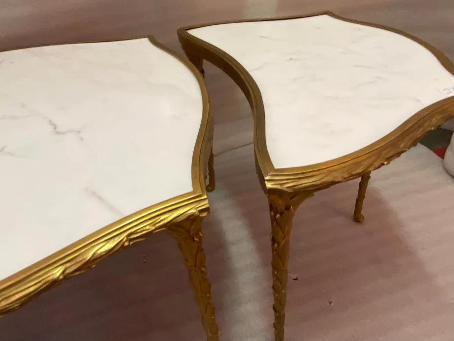 1970′ Tripartite Table Maison Charles Crossbow, Jansen Or Baguès Decor Palm Tree Gilt Bronze With White Marble Tops