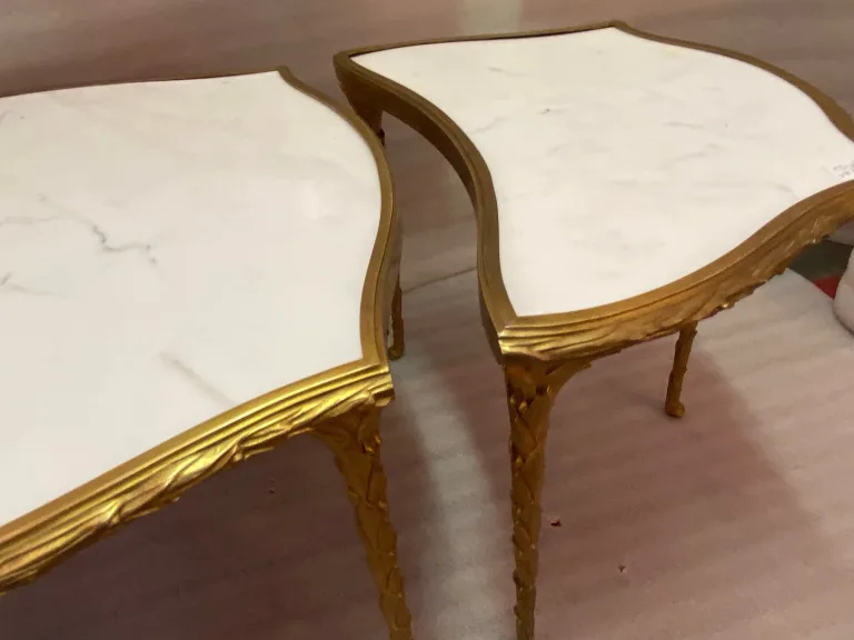 1970′ Tripartite Table Maison Charles Crossbow, Jansen Or Baguès Decor Palm Tree Gilt Bronze With White Marble Tops