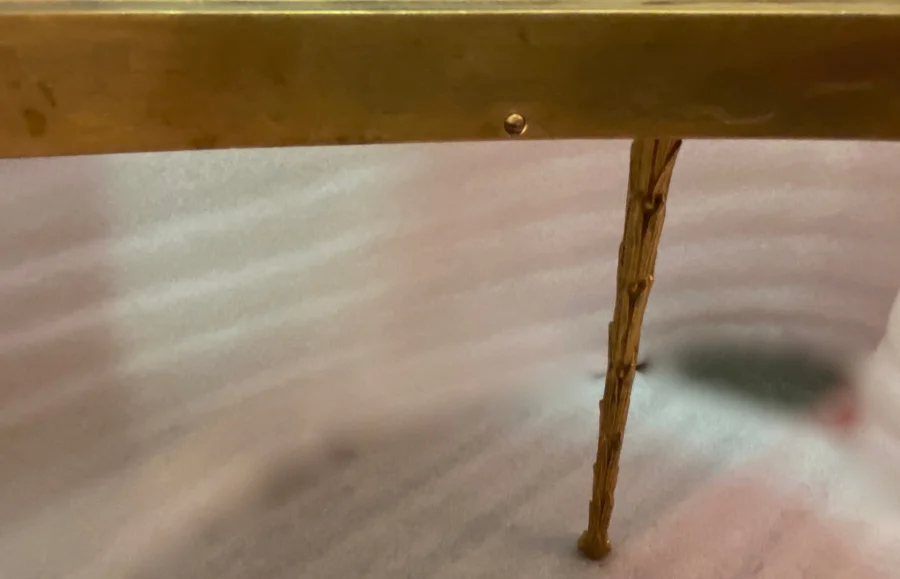 1970′ Tripartite Table Maison Charles Crossbow, Jansen Or Baguès Decor Palm Tree Gilt Bronze With White Marble Tops