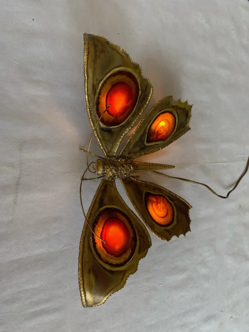 1970’ Bronze or Brass Butterfly Wall Lamp, Duval Brasseur Or Isabelle Faure, 4 Bulbs, Agate Wings