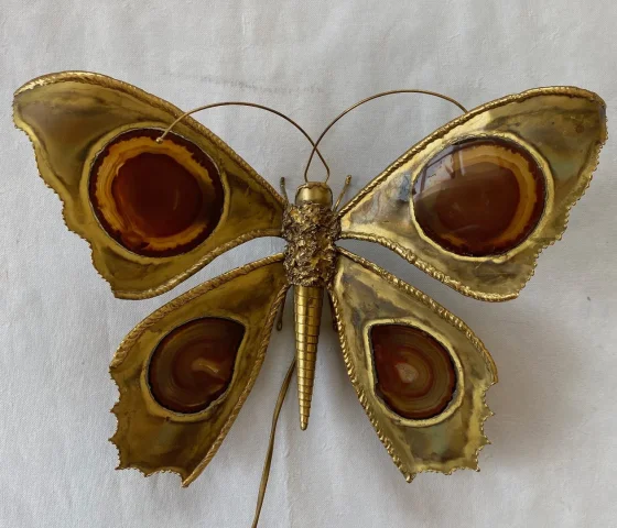 1970’ Bronze or Brass Butterfly Wall Lamp, Duval Brasseur Or Isabelle Faure, 4 Bulbs, Agate Wings