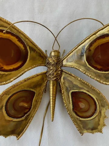 1970’ Bronze or Brass Butterfly Wall Lamp, Duval Brasseur Or Isabelle Faure, 4 Bulbs, Agate Wings