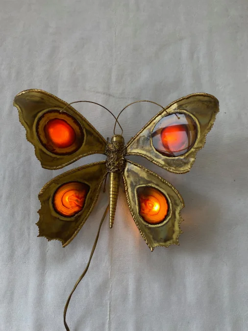 1970’ Bronze or Brass Butterfly Wall Lamp, Duval Brasseur Or Isabelle Faure, 4 Bulbs, Agate Wings