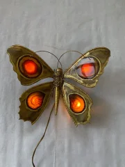 1970’ Applique Papillon en Bronze ou Laiton, Duval Brasseur Ou Isabelle Faure, 4 Ampoules, Ailes d’Agate