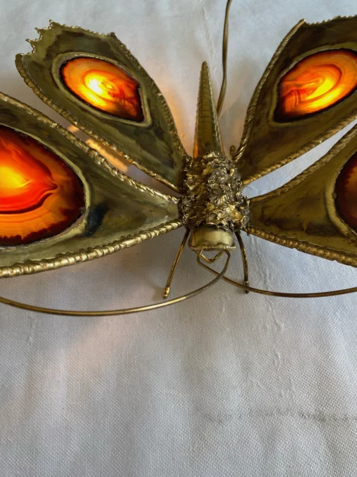 1970’ Bronze or Brass Butterfly Wall Lamp, Duval Brasseur Or Isabelle Faure, 4 Bulbs, Agate Wings