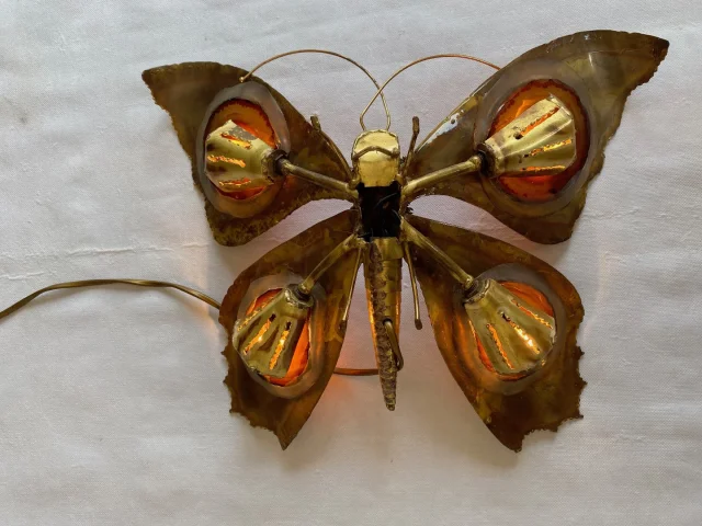 1970’ Bronze or Brass Butterfly Wall Lamp, Duval Brasseur Or Isabelle Faure, 4 Bulbs, Agate Wings
