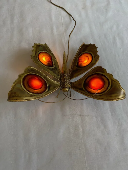 1970’ Bronze or Brass Butterfly Wall Lamp, Duval Brasseur Or Isabelle Faure, 4 Bulbs, Agate Wings
