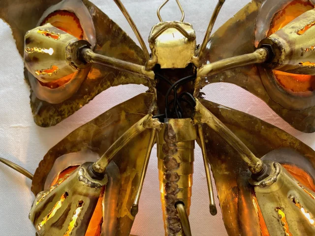1970’ Bronze or Brass Butterfly Wall Lamp, Duval Brasseur Or Isabelle Faure, 4 Bulbs, Agate Wings
