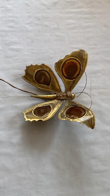 1970’ Bronze or Brass Butterfly Wall Lamp, Duval Brasseur Or Isabelle Faure, 4 Bulbs, Agate Wings