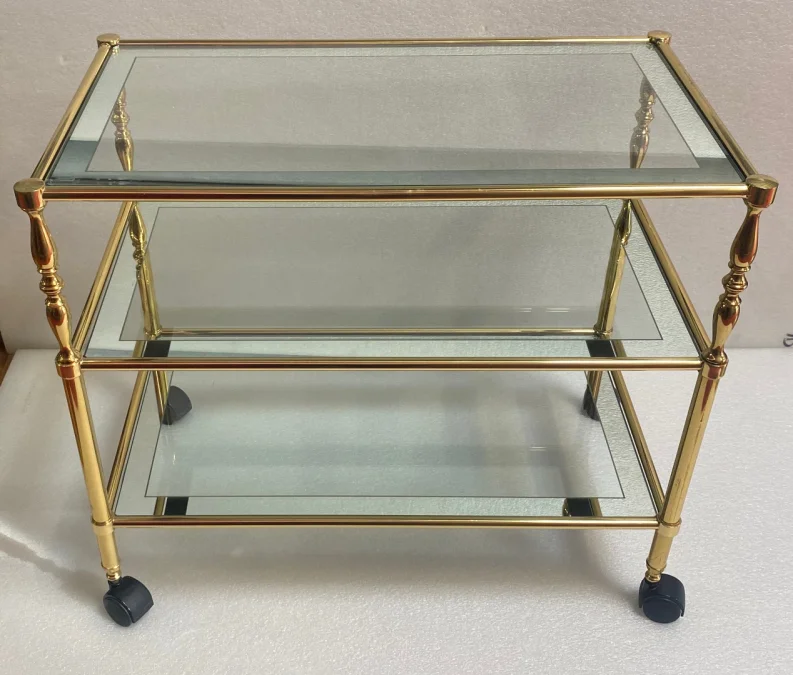 1970′ Trolley on Wheels in Golden Brass and Glass With Surrounding Maison Jansen Mirror