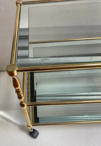 1970′ Trolley on Wheels in Golden Brass and Glass With Surrounding Maison Jansen Mirror