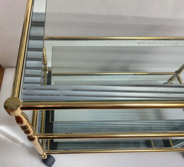 1970′ Trolley on Wheels in Golden Brass and Glass With Surrounding Maison Jansen Mirror