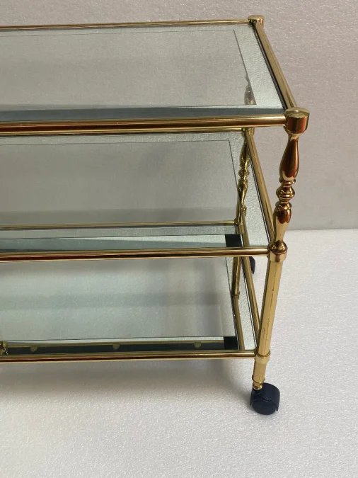 1970′ Trolley on Wheels in Golden Brass and Glass With Surrounding Maison Jansen Mirror