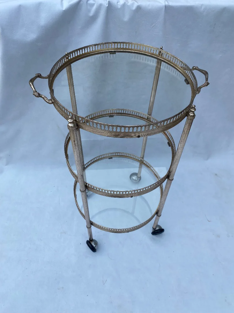 1970′ Desserte Roulante Ronde En Bronze Argenté à 3 Plateaux Maison Baguès