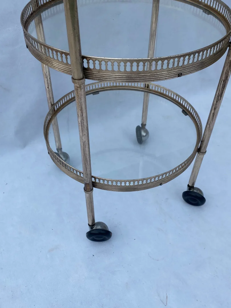 1970′ Desserte Roulante Ronde En Bronze Argenté à 3 Plateaux Maison Baguès