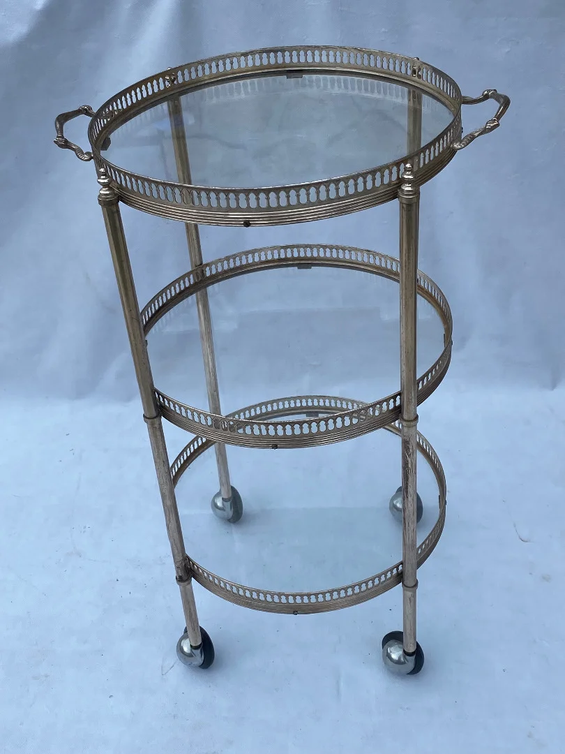 1970′ Desserte Roulante Ronde En Bronze Argenté à 3 Plateaux Maison Baguès